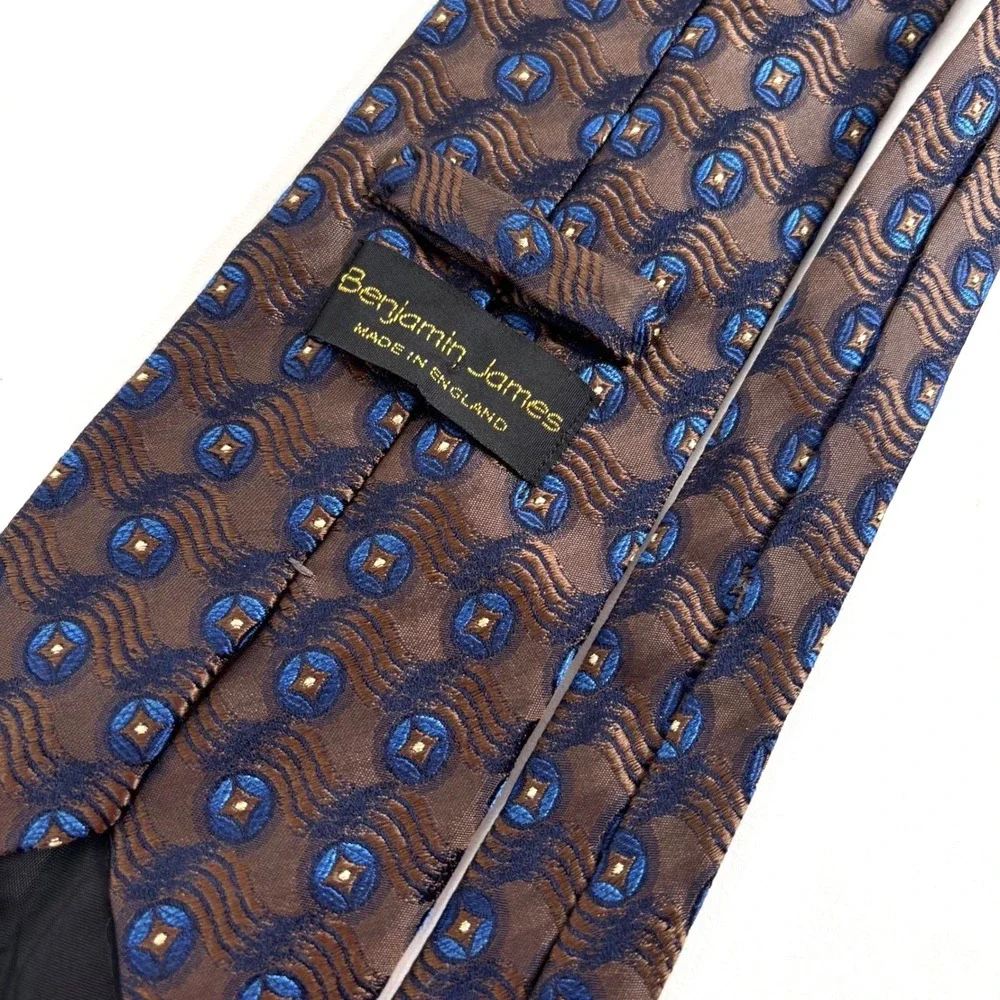 Benjamin James Silk Tie Brown Blue Geometric Medallion‎ Made in England